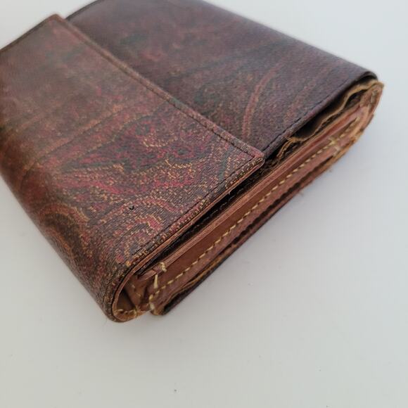 Etro Vintage Brown Paisley Medium Leather Wallet Compact Logo Italian Bifold - Picture 15 of 16